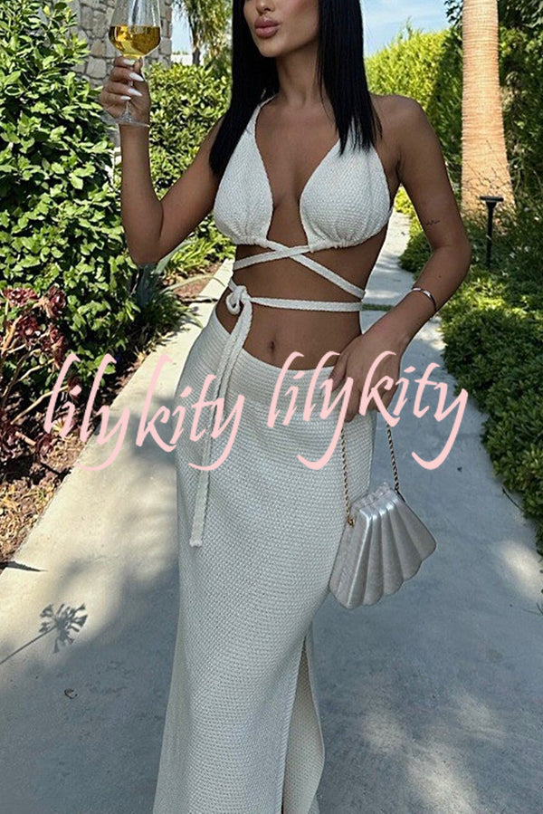Solid Color Sexy Lace-up Swimsuit and Knitted Elastic Slit Beach Maxi Skirt Set