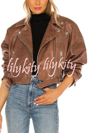 Fashion Lapel Long Sleeve Casual Zipper Pocket Leather Jacket