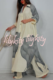 Unique Printed Casual Loose Long Shirt and Elastic Waist Pocket Wide Leg Pants Set