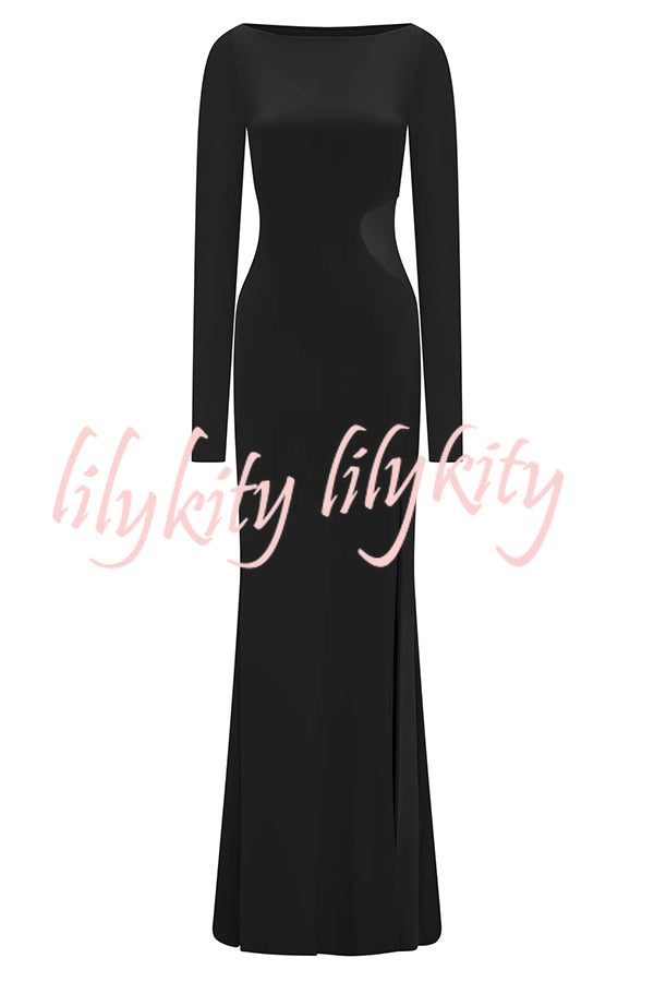 Fashion Long-sleeved Slim Sexy Hollow Slit Maxi Dress