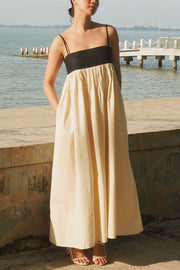 Linen Blend Sexy Sling Backless Contrast Maxi Dress