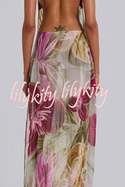Floral Print Sexy Backless Slit See-Through Holiday Maxi Dress