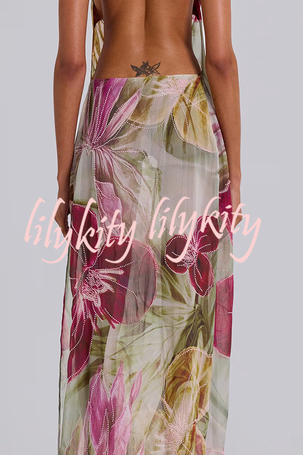 Floral Print Sexy Backless Slit See-Through Holiday Maxi Dress