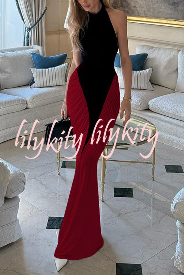 Fashionable Contrast Color Open Back Side Pleated Draped Maxi Dress