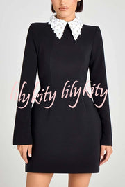 Alisha Contrast Floral Appliqué Pointed Collar Long Sleeve Pocketed Mini Dress