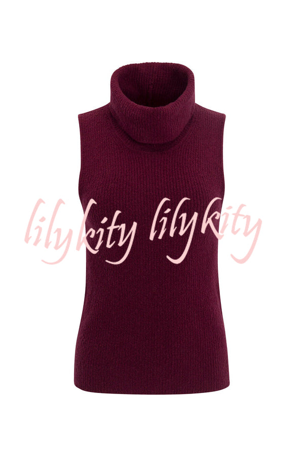 Comfortable Season Ribbed Knit Turtleneck Sleeveless Relaxed Sweater