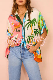 Kissed By The Sun Satin Unique Print Colorblock Button Down Oversized Blouse