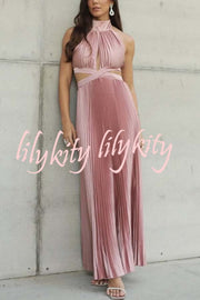 Stunning Choice Satin Pleated Halter High Neck Cutout Waist Backless Maxi Dress