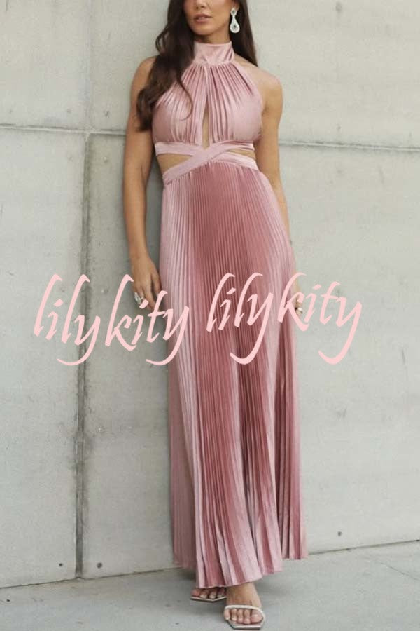 Stunning Choice Satin Pleated Halter High Neck Cutout Waist Backless Maxi Dress