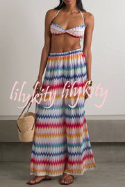 Colorful Zigzag Pattern Halter Neck Stretch Bikini and Elastic Waist Slit PantsThree-Piece Set