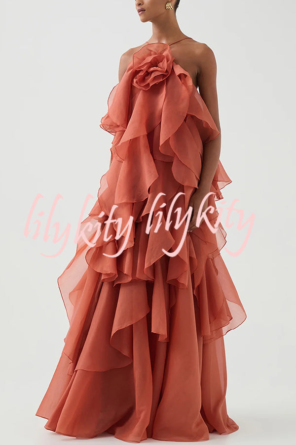 Free - Flowing Rose Detail Tiered Ruffles Halter A-line Maxi Dress