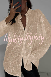 Fashion Sequin Lapel Long Sleeve Loose Shirt