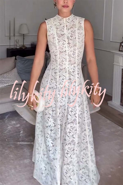 Lovestruck Babe Floral Lace Crew Neck Patchwork Waisted Design Maxi Dress
