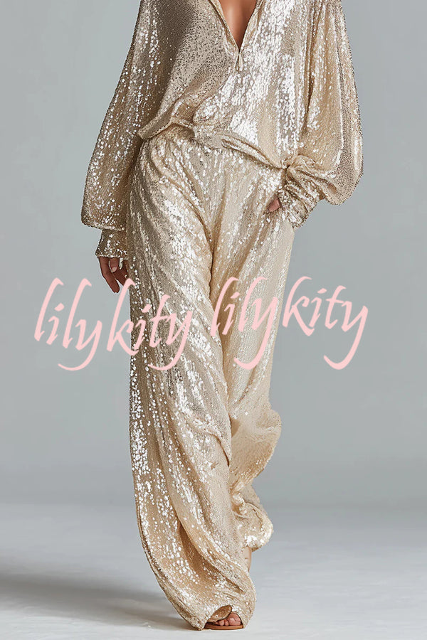 Glamorous Day Sequin Half Zip Loose Shirt and Elastic Waist Pocket Wide Leg Pants Set