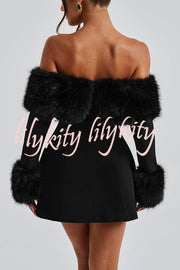 Cute and Luxe Faux Fur Trim Off Shoulder Bubble Shaped Mini Dress