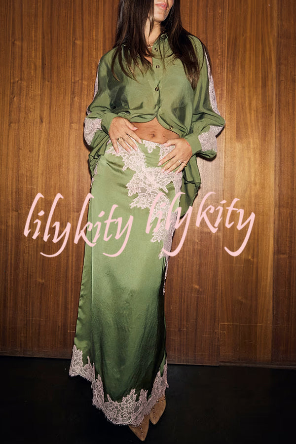 Eye-catching Work Contrast Color Satin Lace Trim Mid Rise Maxi Skirt