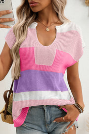 Fashionable Contrasting Color Casual Short-sleeved Loose Sweater