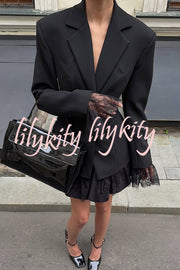 Solid Color Lace Panel Long Sleeve Button Elegant Blazer