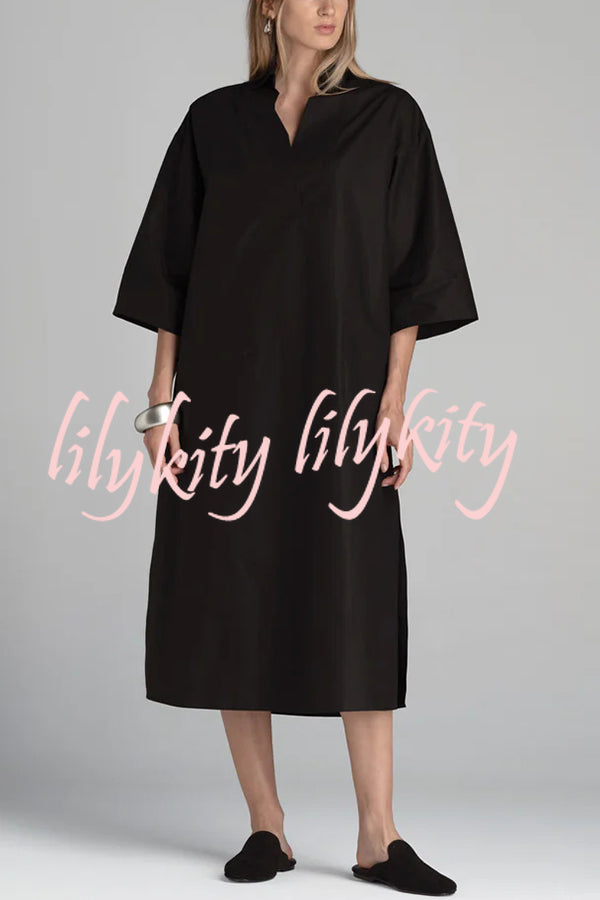 Solid Color V-neck Half-sleeve Loose Slit Midi Dress