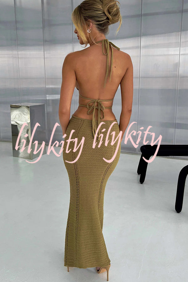 Effortlessly Cool and Sexy Knit Crochet Cutout Halter Tie-up Stretch Maxi Dress