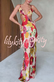 Hawaiian Dreams Satin Floral Print Cutout Backless Maxi Dress