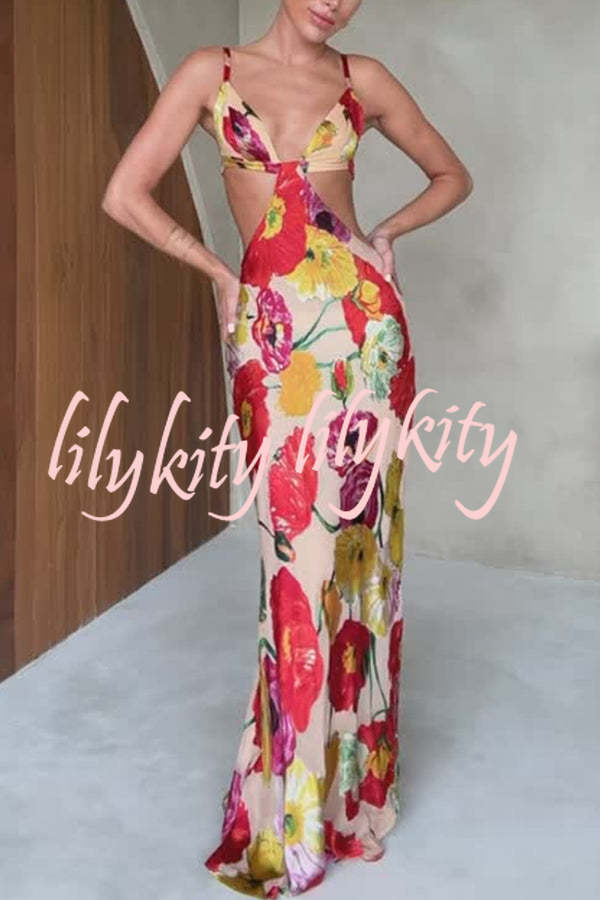 Hawaiian Dreams Satin Floral Print Cutout Backless Maxi Dress