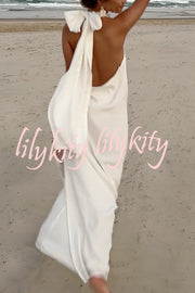 Floral Embellished Satin Halterneck Backless Resort Maxi Dress