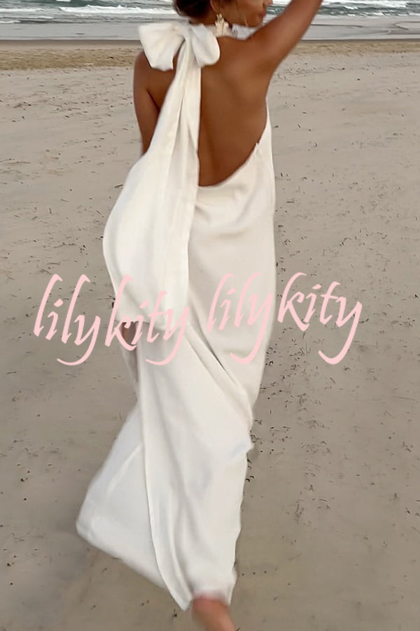 Floral Embellished Satin Halterneck Backless Resort Maxi Dress