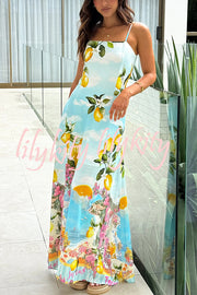 Summer Lemon Print Elegant Suspender Back Lace Up Maxi Dress