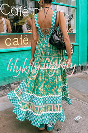 Yolanda Ric Rac Trims Unique Print Smocked Bust Back Lace-up Maxi Dress