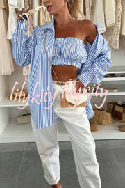 Zoie Striped Stretch Bandeau + Elastic Waist Pocket Shorts + Oversized Blouse 3 Pieces Set