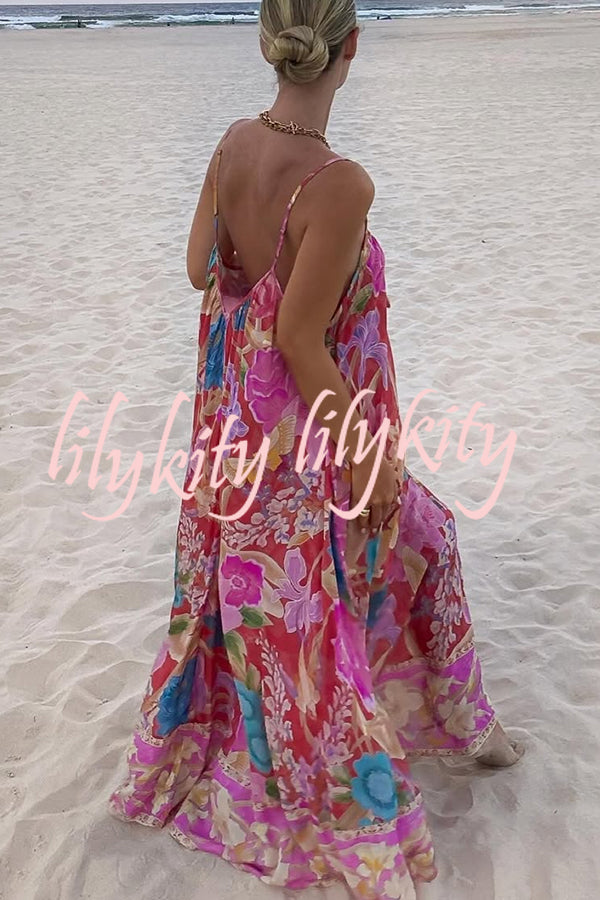 Painter's Garden Boho Floral Print Strappy A-line Maxi Dress