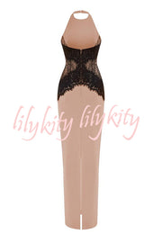 Sexy Halterneck Lace Paneled Backless Slim Maxi Dress