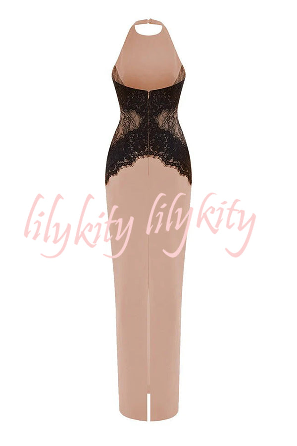 Sexy Halterneck Lace Paneled Backless Slim Maxi Dress