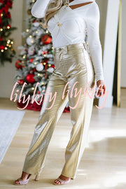 Elevate Style Textured Faux Leather Pocketed Straight Stretch Pants