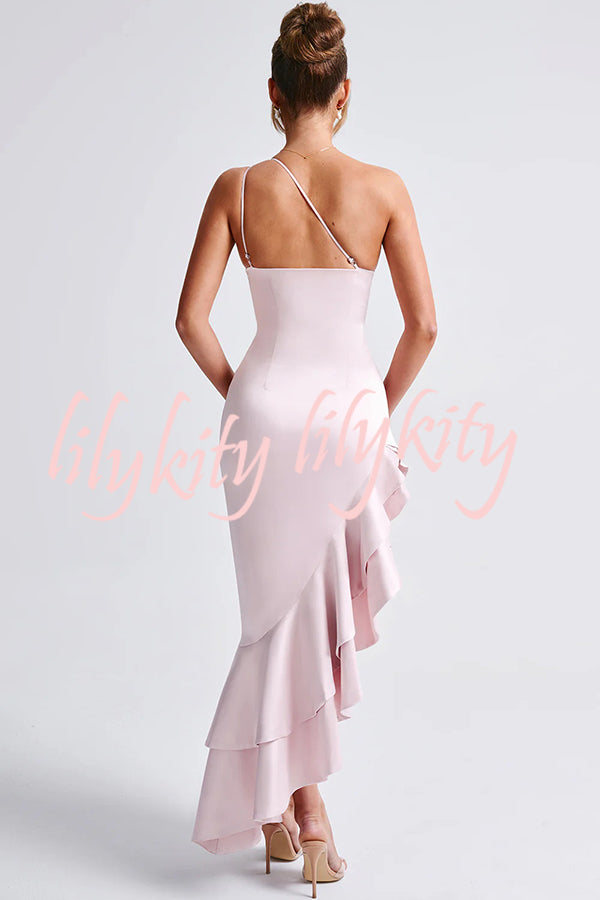 YES I DO Satin One Shoulder Ruched Slit Ruffles Maxi Dress