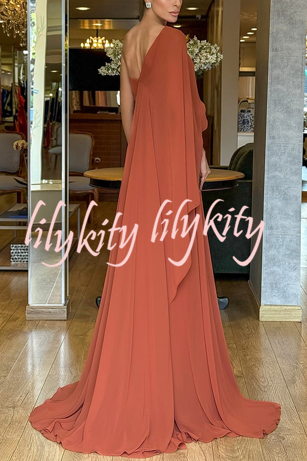Iriena Chiffon One Shoulder Rose Decoration Waist Formal Maxi Dress