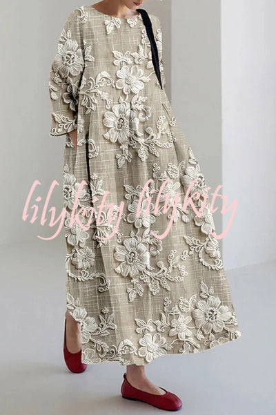 Unique Printed Round Neck Long Sleeve Loose Maxi Dress