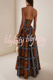 Floral Print Sexy Halter Neck Backless Elegant Maxi Dress
