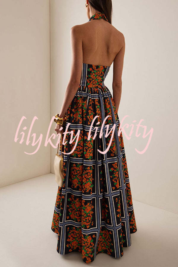 Floral Print Sexy Halter Neck Backless Elegant Maxi Dress