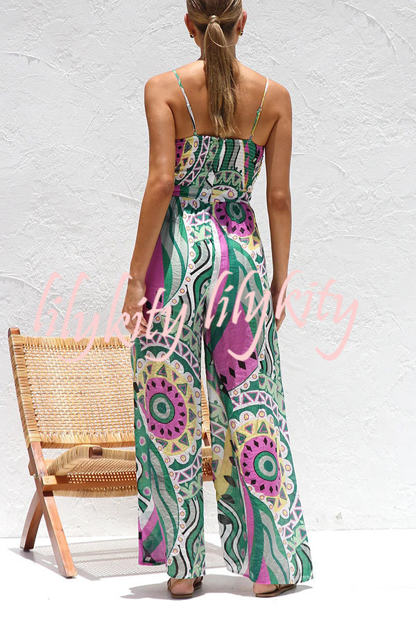 Unique Printed Suspender Back Pleated Pocket Wide-leg Jumpsuit