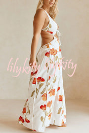 Eliska Linen Blend Poppy Print Cutout Contrast Trim A-line Maxi Dress