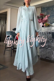 Elegant and Graceful Tie-up Neck Long Balloon Sleeve Handkerchief Midi Dress
