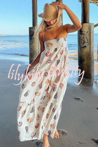 Long Weekend Linen Blend Shells Unique Print Smocked Pocket Lightweight Maxi Dress