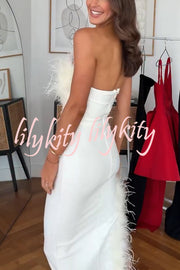 Retro and Glamorous Feather Trim Detail Bandeau Slit Stretch Midi Dress