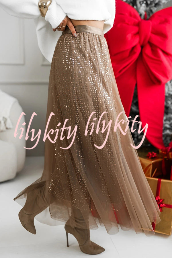 Party Daydream Sequin Tulle High Rise Elastic Waist Maxi Skirt