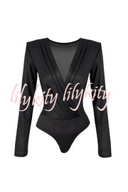 Chic Celebration Glossy Fabric Pleated V-neck Long Sleeve Stretch Bodysuit