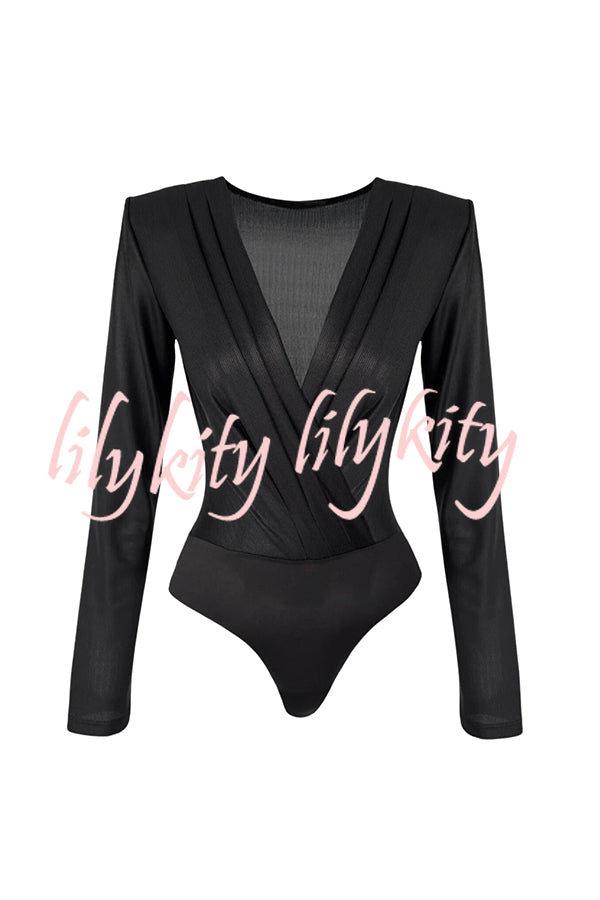 Chic Celebration Glossy Fabric Pleated V-neck Long Sleeve Stretch Bodysuit