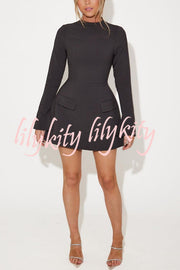 Ultimate Muse High Neck Long Slit Sleeve Flap Pocket Mini Dress