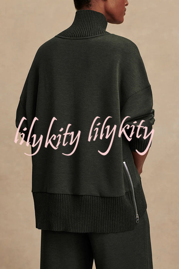 Barker High-Neck Long Sleeve Side Zipper Sweatshirt and Elastic Waist Pocketed Loose Pants Set